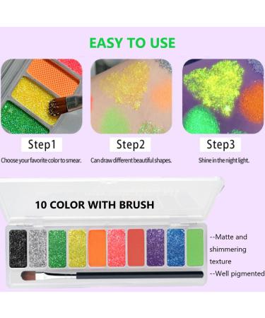Lot de 10 fards paupi res fluorescents paillettes fluorescentes - N on UV - Mat - Paillettes color es et cr meuses - Avec pinceau - Brillance sous lumi re UV - Buy Online on GoSupps.com