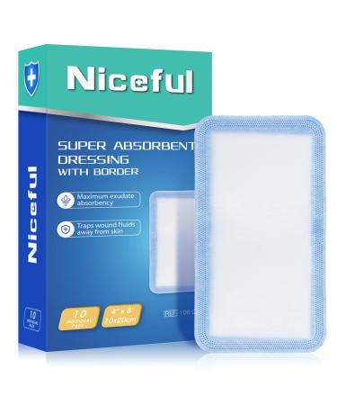 Niceful Super Absorbent Dressing, 4"x 8" Non-Stick Dressings for Wounds, Large Surgical Pads Thick Absorbent Pads for Wound Care, 10 Individually Pack 4" x 7.8" (10 Dressings)