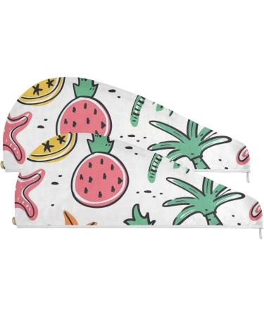Cartoon Coconut Tree Fruits Hair Towel Set - Super Absorbent Quick Dry Hair Turbans for Women & Girls - 2 Pack - Buy Online on GoSupps.com