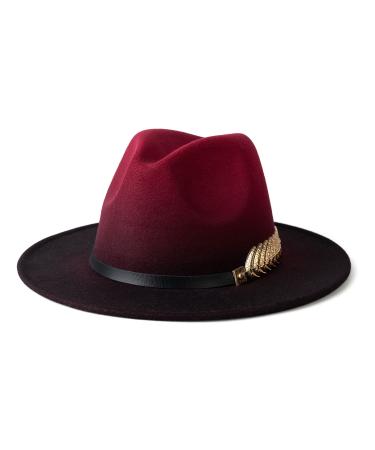 Gossifan Women Gradient Color Fedora Wide Brim Felt Panama Hat with Belt Buckle Burgundy/Black Medium