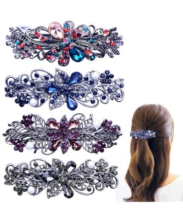 4 PCS Hair Barrettes for Women Ladies  Flower Crystal Rhinestones Barrettes Pearl Spring Hair Clip Accessories Women Fashion Ponytail Holders Barrettes for Daily Wear Mothers Day Gifts 4 Count (Pack of 1)