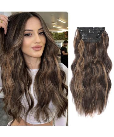 Hair Extensions Clip in 4pcs Honey Brown Balayge Hair Extension Long Wavy Full Head Clip in Hair Extension Synthetic Fiber Hair Pieces for Women