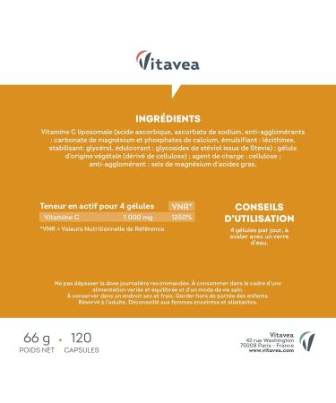 Vitamine C Liposomale 1000mg Haute Absorption - 120 G lules Vegan - Antioxydant Anti-Fatigue Immunit Adulte - Fabriqu en France - Vitavea - Buy Online on GoSupps.com