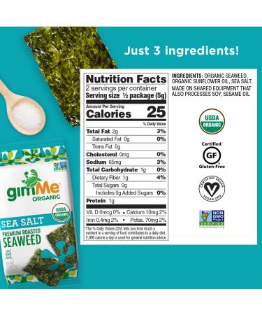 gimMe Organic Roasted Seaweed Sheets - Sea Salt - 20 Count | Keto, Vegan, Gluten-Free Snack | Healthy Iodine & Omega 3 Source - Buy Online on GoSupps.com