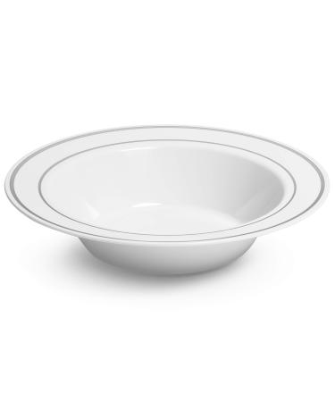 Silver Rimmed White Bowls - 5 ounce - 50 Count - Hard Plastic - Disposable or Reusable - Dessert Bowls - Salad Bowls- Cereal Bowls - Pasta Bowls 5 oz Silver Rimmed