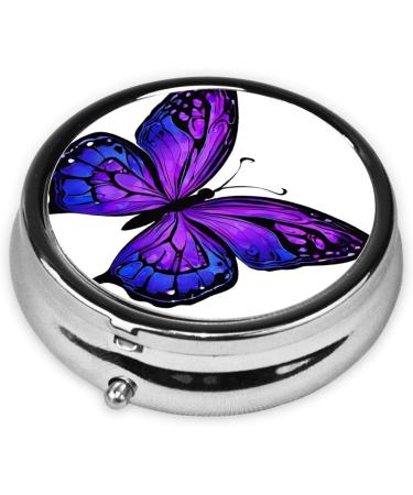Purple Butterfly Printed Round Pill Box - 3 Compartment Portable Organizer for Travel | Mini Decorative Pocket Pill Case - Buy Online on GoSupps.com