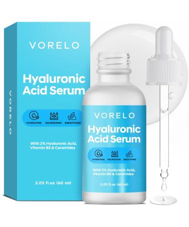 Vorelo Hyaluronic Acid 2% + B5 and Ceramides (2.03 fl.oz) Hyaluronic Acid Serum for Daily Hydration Lightweight Formula Absorbs Quickly to Leave Skin Feeling Plumper and Smoother Non-Sticky Finish