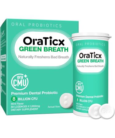 OraTicx Oral Probiotics Green Breath, Freshen Bad Breath, Dental Probiotic Supplement for Oral Health, 8 Billion CFU, Adult, Mint Flavor 30 Lozenges x1PK