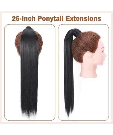 Ponytail Hair Extensions Drawstring Long Hair Straight Black 26 Inches Synthetic Ponytail 100g Fake Ponytail Natural Black for Women - Buy Online on GoSupps.com