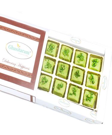Ghasitaram Gifts Diwali Gifts Sweets- Ghasitaram's Pista Mawa Barfi in White Box Diwali Pista Mawa Barfi in White Box