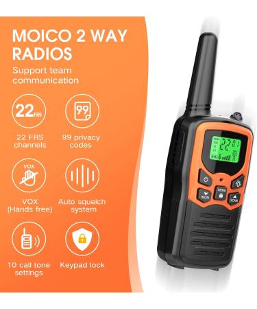 MOICO Walkie Talkies for Adults - 22 FRS Channels, LED Flashlight, VOX, LCD Display, Long Range - Orange 4 Pack - Buy Online on GoSupps.com