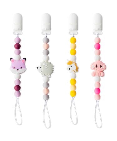 4Pcs Silicone Pacifier Clip for Babies Infant Elephants Unicorns Foxes Hedgehogs Teething Clips Soothie Toy Pacifier Clip Babies Teethers Clips for Baby Shower Birthday Keepsake Gift