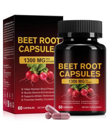 Beet Root Capsules 1300mg - Beetroot Supplement for Healthy Circulation Energy & Endurance - Non-GMO Vegan Beet Extract (1 Pack) 60 Count (Pack of 1)
