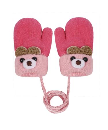 Kids Toddlers Knitted Gloves Mittens with String Boys Girls Magic Stretch Mittens Thick Fleece Lined Baby Infant Winter Warm Mittens Cartoon Cosy Full Finger Gloves Xmas Gift for Aged 0-3 Rose Red