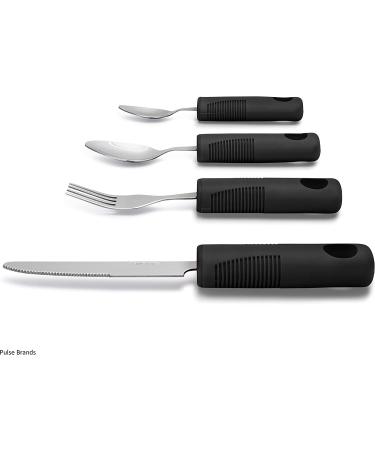 Adaptive Utensils 4-Piece Kitchen Set for Hand Tremors, Arthritis, Parkinson's and Elderly | Non-Weighted, Non-Slip Handles | Stainless Steel Knife, Fork, Spoons (Black) - Buy Online on GoSupps.com