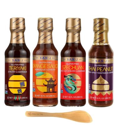 SPICE OF LIFE San-J Gluten Free Stir-Fry & Marinade Sauces, Teriyaki, Orange Sauce, Szechuan, and Thai Peanut - with Make Your Day 4-in-1 Measuring Spoon, 10 Fl Oz, Pack of 4