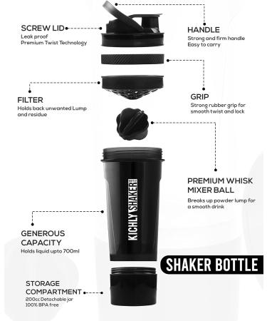 Kichly 2-Pack 24-Oz Classic Protein Mixer Shaker Bottle with Twist and Lock Protein Box Storage 700 ml (All Black & Clear/Black) Pack of 2 All Black & Clear/Black - Buy Online on GoSupps.com
