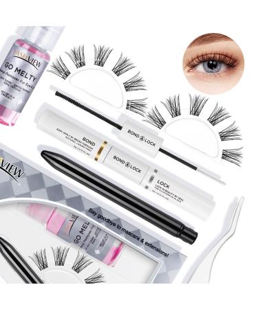 LASHVIEW DIY Eyelash Extension Kit 12 Clusters Volume Lashes Set with Applicator and Bond & Seal Eyelash Extension Remover Eye lifting 3D Effect C curl Lashes Pack 14mm-C14