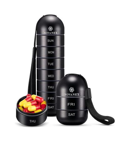 Weekly Pill Organizer Metal Stackable Aluminium Alloy Moisture Proof BPA Free Large 7-Day Compartment to Store Vitamins Fish Oil Supplements and Tablets. Black