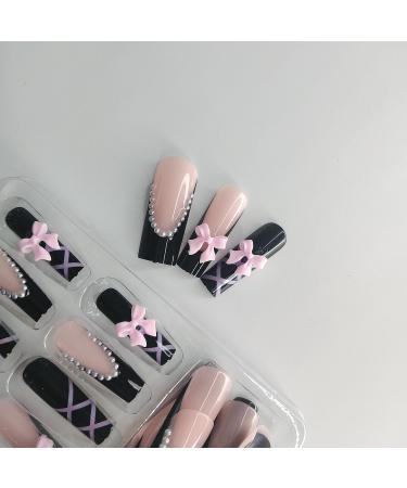 24Pcs Black Coffin Nails - Press on French Tip with 3D Bow & Pearl Charms | Glossy Long False Nails for Women | Cute Acrylic Full Cover Stick-on Nails - Buy Online on GoSupps.com