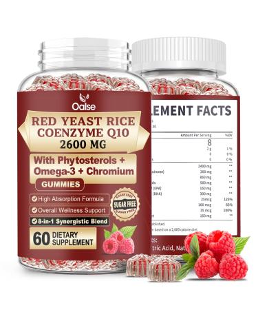 OALSE Red Yeast Rice with CoQ10 Gummies 2400mg Red Rice Yeast for Cholesterol* CoQ10 200mg with Phytosterols Omega - 3 & Chromium - 60 Count Raspberry Flavor for Women & Men