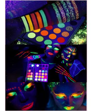 Kalolary Neon Eyeshadow Palette - 24 Highly Pigmented Matte & Sparkling Colors Glows in the Dark UV Blacklight with 4 Pink Brushes - International Shipping Available - Buy Online on GoSupps.com