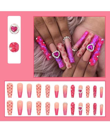 Justotry 24 Pcs Diamante Fake Nails - Long Red French Press on Nails with Flower Designs - Nude Medium Ballerina Stick on Nails for Women - Acrylic Coffin False Nails with Glue for Nail Art - Buy Online on GoSupps.com