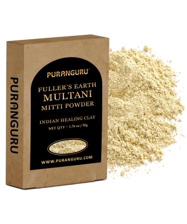 PURANGURU Multani Mitti Powder for Face Mask | 50g/1.76 oz | Natural Raw Indian Healing Clay Face Mask | Fuller's Earth Powder Anti Acne Scrub | Tan Removal Skin Tightening Face Pack for Glowing Skin