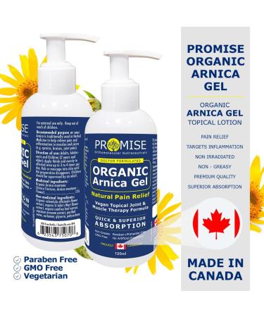 Promise Organic Arnica Gel 120ml (4oz) Instant Soothing Muscle & Joint Pain Relief Reduces Inflammation Arthritis Swelling Joint Pain Topical Made in Canada. Small Size for Gym Travel Work 120 ml (Pack of 1) - Buy Online on GoSupps.com