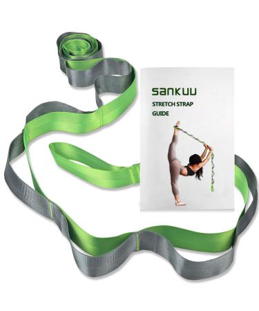 SANKUU Stretching Strap with 12 Loops Workout Poster, Yoga Straps for Stretching Physical Therapy Equipment Non-Elastic Hamstring Stretcher Long Stretch Out Bands for Exercise, Pilates, Dance and Gymnastics for Women Men green