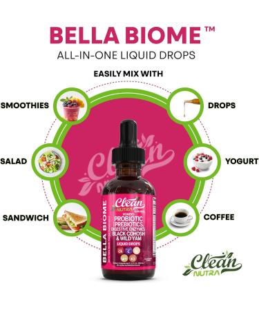 Liquid Probiotics for Women Drops with Chasteberry Black Cohosh Prebiotics Digestive Enzymes Evening Primrose Oil Wild Yam Cranberry Dmannose and Iron Vitamin D3 K2 Clean Nutra Bella Biotics (2) - Buy Online on GoSupps.com