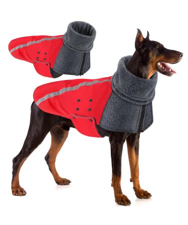 Slowton winter dog coat warm polar trap lining dogs outdoor jacket with turtleneck scarf reflecting stripes adjustable waterproof windproof outfits for small medium -sized dogs xxl red