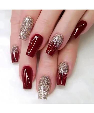 DMQ 24pcs Short Coffin False Nails Red Press on Nails Gold Glitter Fake Nails Acrylic Stick on Nails Removable Glue-on Nails Full Cover with Nail Glue Women Girls Nail Art Accessories Red Gold Glitter