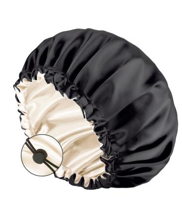 Auban Large Bonnet Sleep Cap Hair Wrap for Curl, Double Layer Satin Lined Bonnet for Sleeping Bag Adjustable Elastic Lace Band Hair Silk Wrap for Women Hair Oil Care after Use Hot Comb or Hair Brush Black