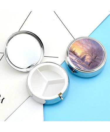 Stylish Round Pill Box with Winter Print | 3 Compartment Metal Pill Organizer | Portable Decorative Pocket Pill Case - Style 32 - Buy Online on GoSupps.com