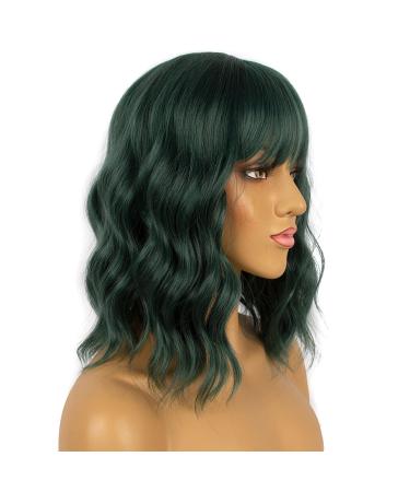Lancaini Dark Green Short Bob Wig with Bangs for Women - Synthetic Loose Wavy Shoulder Length Cosplay Wig for Girls - Buy Online on GoSupps.com