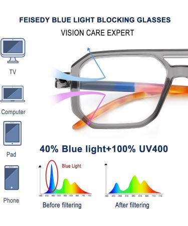 FEISEDY Vintage Square Blue Light Blocking Glasses - Unisex 70s Flat Aviator Anti-Glare Transparent Grey 52mm - Ideal for Computer Use - Buy Online on GoSupps.com