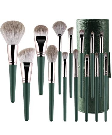 XFly 14 piece Professional Brushes Set with cosmetics easy to wear and keep eyeshadow blush mixture full face-cosmetic kit wooden handle (green)