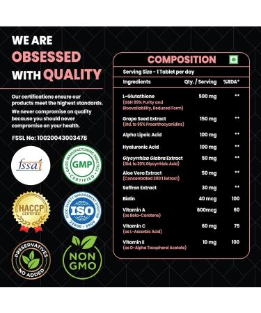 18K Glutathione Forte 1200mg with Saffron, Hyaluronic Acid, Ala, Grape Seed, Aloe Vera, Biotin, Vitamin E - Glowing Skin, Acne Scar & Dark Spot Removal - 30 Veg Tablets - Buy Online on GoSupps.com