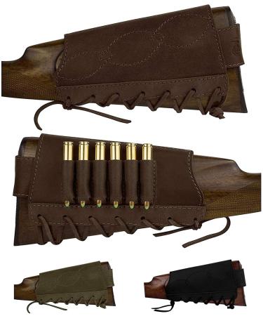 BRONZEDOG Adjustable Leather Buttstock Cartridge Ammo Holder for Rifles 12 16 Gauge or .30-30 .308 Caliber Hunting Ammo Pouch Bag Stock Right Handed Shotgun Shell Holder 7.62 caliber Brown