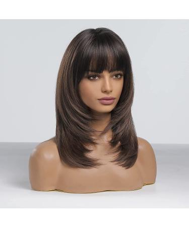 Emmor Ombre Dark Brown Wigs for Women | Long Layered Heat-Resistant Synthetic Fiber Wigs with Bangs - Natural Look for Daily Wear - Buy Online on GoSupps.com