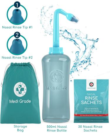 Medi Grade Nasal Irrigation Kit - 500ml Rinse Bottle with 30 Saline Sachets for Improved Breathing and Nasal Hygiene - Buy Online on GoSupps.com