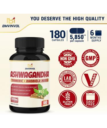 6 Month Supply Ashwagandha Extract Capsules 5850mg - Mood & Immune Support - with St. John's Wort, Turmeric, Rhodiola Rosea Extract - 180 Caps - Buy Online on GoSupps.com