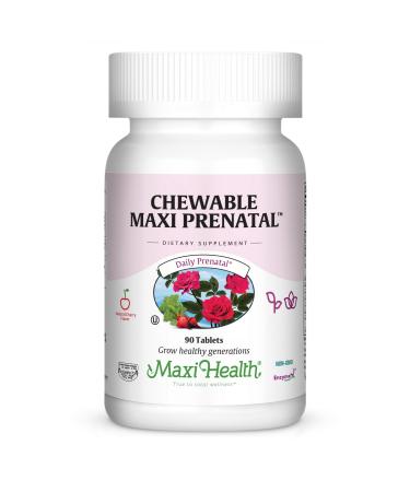 Maxi Health Chewable Prenatal Vitamins for Women Prenatal with Iron Biotin Pantothenic Acid & Magnesium Kosher Cherry Flavor Pregnancy Vitamins 90 Tablets