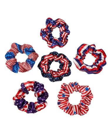 6 Colors Set Cute Satin Scrunchies For Hair Big Hair Scrunchies Satin Hair Ties Ponytail Holder Silky Soft No Hurt Your Hair (American flag(Blue+Purple+Navy+Thin Stripe Star+White Red Stripe+White Red Blue Stripe))