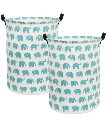 HIYAGON Laundry Baskets, Canvas Fabric Laundry Hamper,Collapsible Clothes Hamper with handles for Home,Office,Bedroom(2 Pack Blue elephant) 2 Pack Blue elephant 2