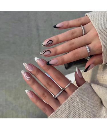 JUSTOTRY 24 Pcs Double Color Swirl Almond Short False Nails Black and White French Press on Nails Pattern Trendy Fake Nails Short with Nail Glue Nude Oval Medium Stick on Nails for Women white&black1