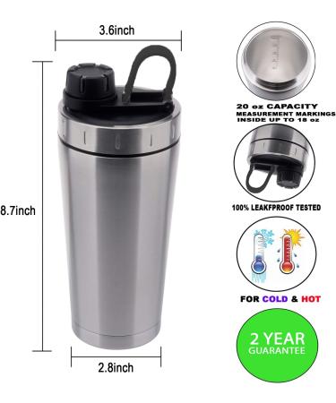 Isolated Stainless Steel Protein Shaker Bottle 590ml - Hot/Cold Dishwasher-Safe Leak-Proof BPA-Free - Silver & Black - Buy Online on GoSupps.com
