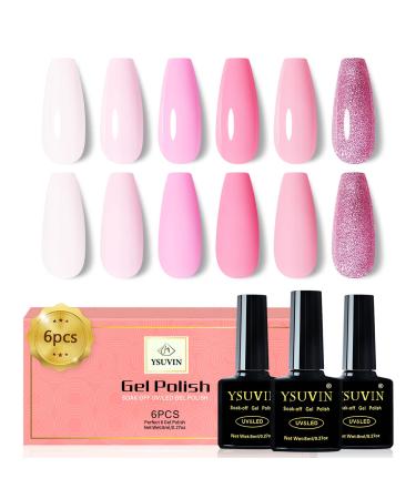 Yueshop 6x 8ml Gel Nail Polish 6PCS White Nude Pink Nail Gel Polish Pink Glitter Spring Gel Nail Soak Off UV LED Gel Nail Lamp Nail Art Varnish Manicure Beauty Gifts For Girl Women