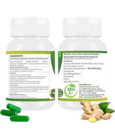  Morsan Healthcare Ginger (Zingiber officinale) Capsules | Pack of 60 x 500 mg Vegetarian Capsules | Natural Food Supplement | GMP Certified | Gluten-Free (120) - Buy Online on GoSupps.com
